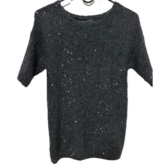 ANN TAYLOR Pullover Charcoal Black Fuzzy Sweater with Sequins Size Small - Picture 1 of 5